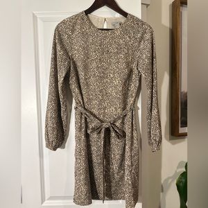 H&M Leopard Print Tan Long Sleeve Dress, Tie Waist - Size 2